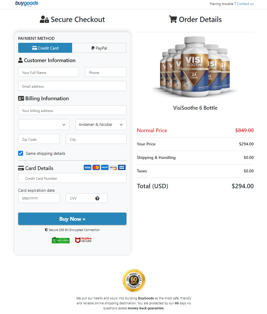 VisiSoothe Secure Order Form